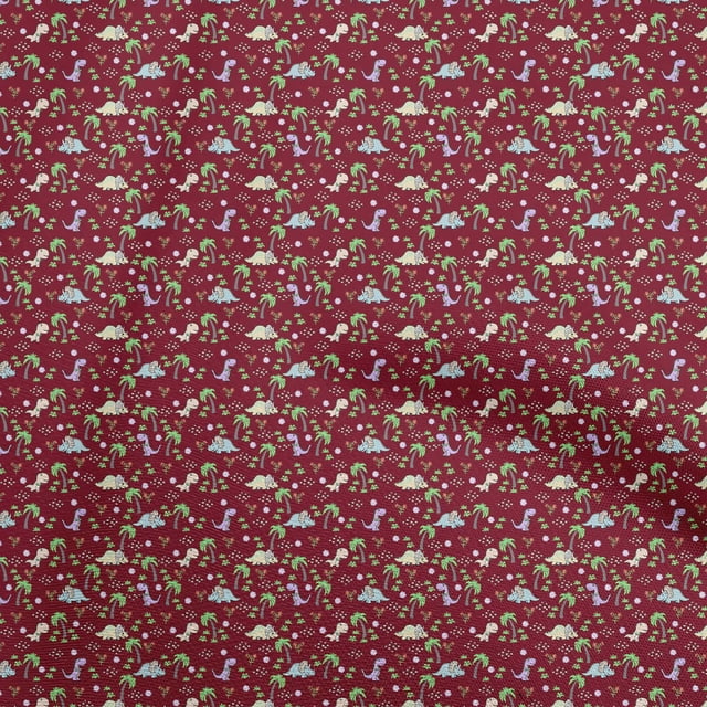 oneOone Tissu Polyester Spandex Bordeaux Dinosaure Coloré Matériel de Robe Imprimé Tissu au Mètre 56 Pouces de Large