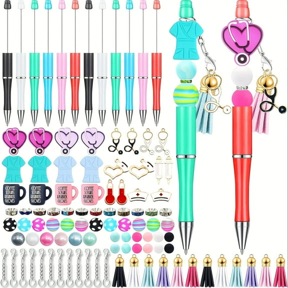 120 Pieces Nurse Beadable Pens Bulk with Hospital Focal Silicone Beads for DIY Pen Making Kit Smooth Writing Ballpoint Pen for Women Hospital Nurse Gifts