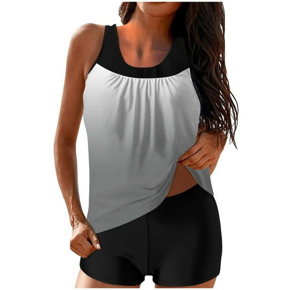 QQAMB Tankini Swimsuits for Women Two Piece Bathing Suits Blouson Tank Top with Boyshorts Tummy Control Modest Swimsuits Gray S