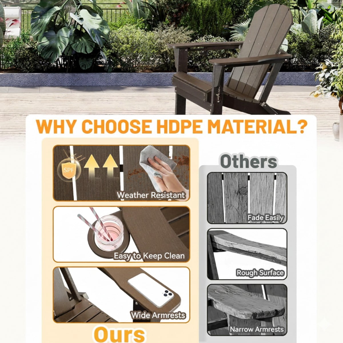 TOPCOMFY Adirondack Chair Folding All-Weather HDPE Plastic Outdoor Patio Lawn Fire Pit Seating with Cup Holder Brown