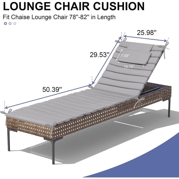 Chaise Lounge Cushion Outdoor Set of 2, Foldable Waterproof Pool Lounge Chair Cushions with Straps, Lounger Cushions for Outdoor Furniture， 80''Lx26''W (Light Gray)