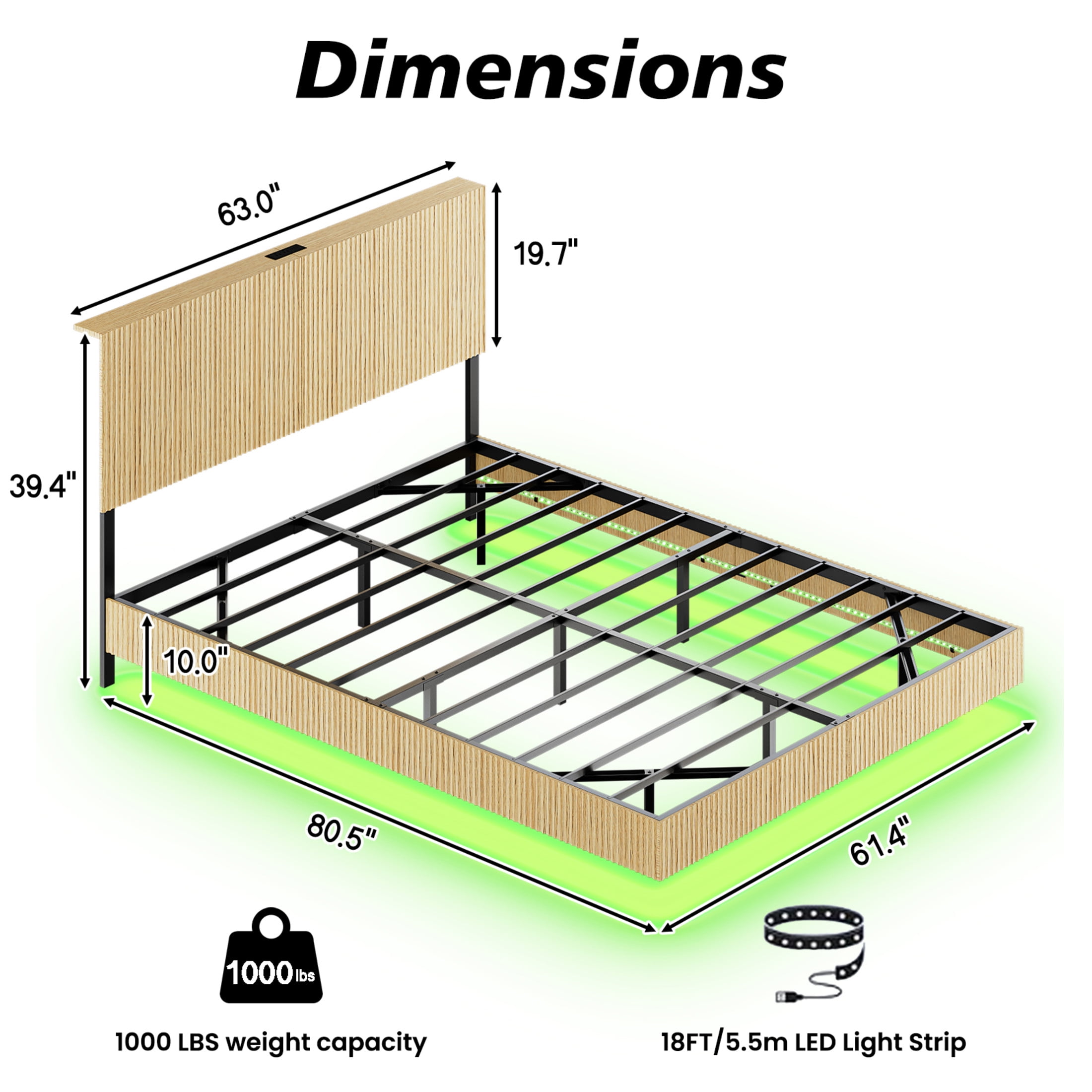 Noble House Modern Queen Floating Bed Frame with Charging Station, LED Lights & Wavy Headboard, Oak