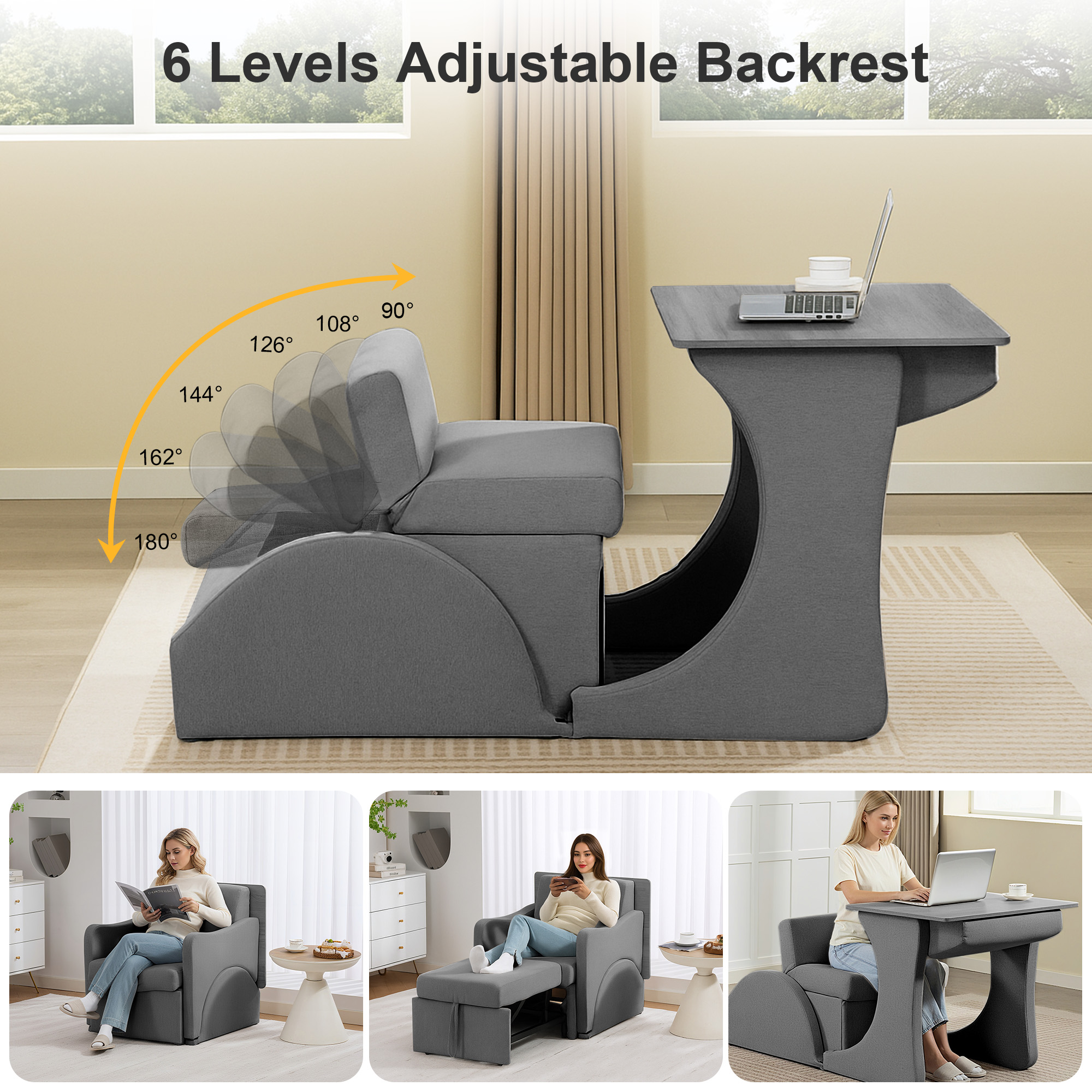 VNT 3-in-1 Convertible Sofa Bed Chair, Sleeper Chair with 6 Levels Adjustable Backrest & Pull Out Function for Living room, Apartment, Gray