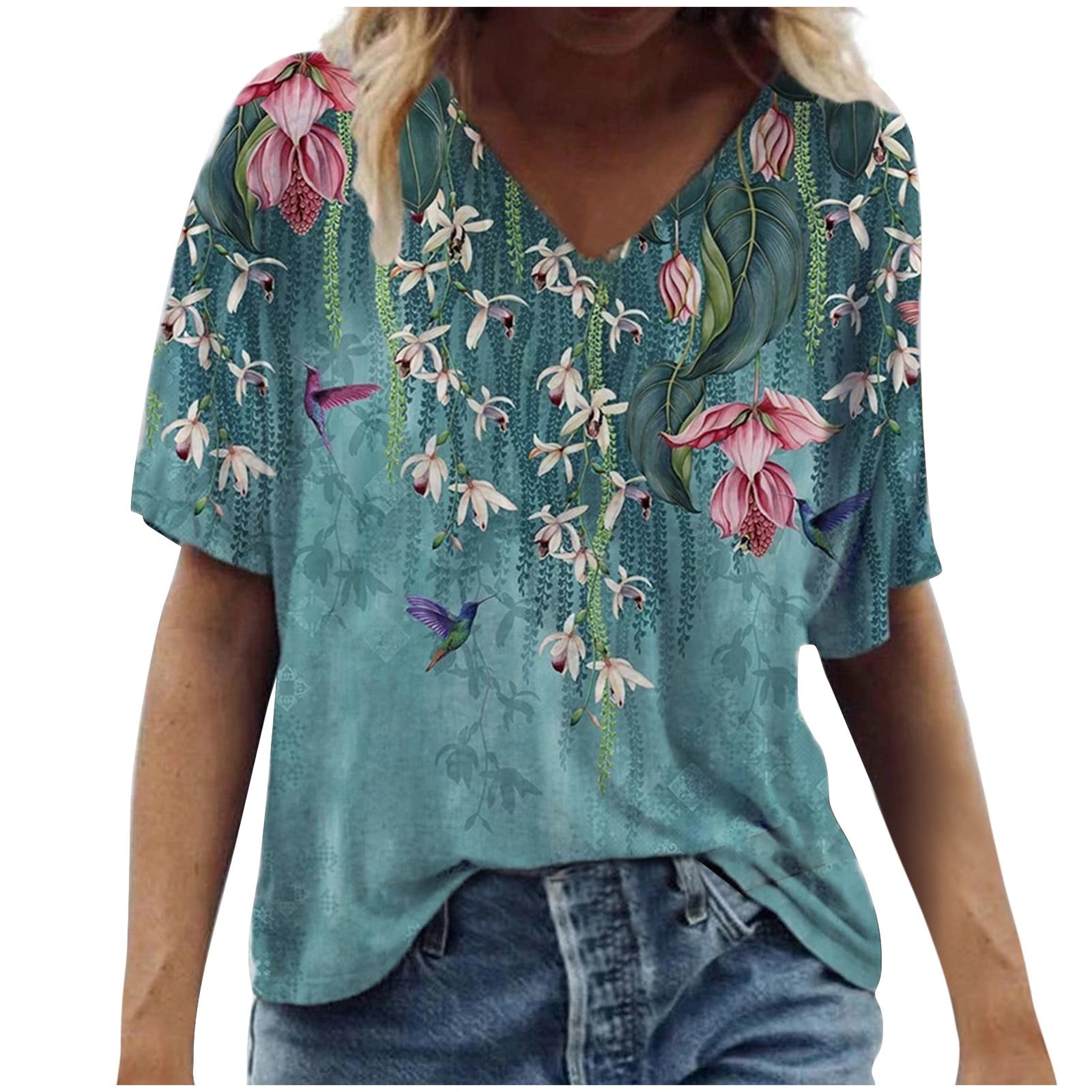 Bidobibo Womens Floral Print Summer Tops for Women Casual Loose Crew Neck T Shirts Short Sleeve Colorful Blouses