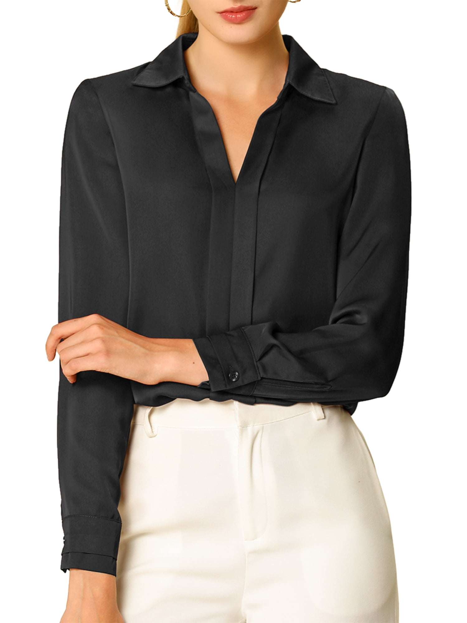 DARING DIVA Women's V Neck Classic Work Office Long Sleeve Shirt XS Black