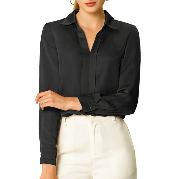 INSPIRE CHIC Women's Elegant Shirts V Neck Point Collar Long Sleeve Smooth Satin Blouse M Black
