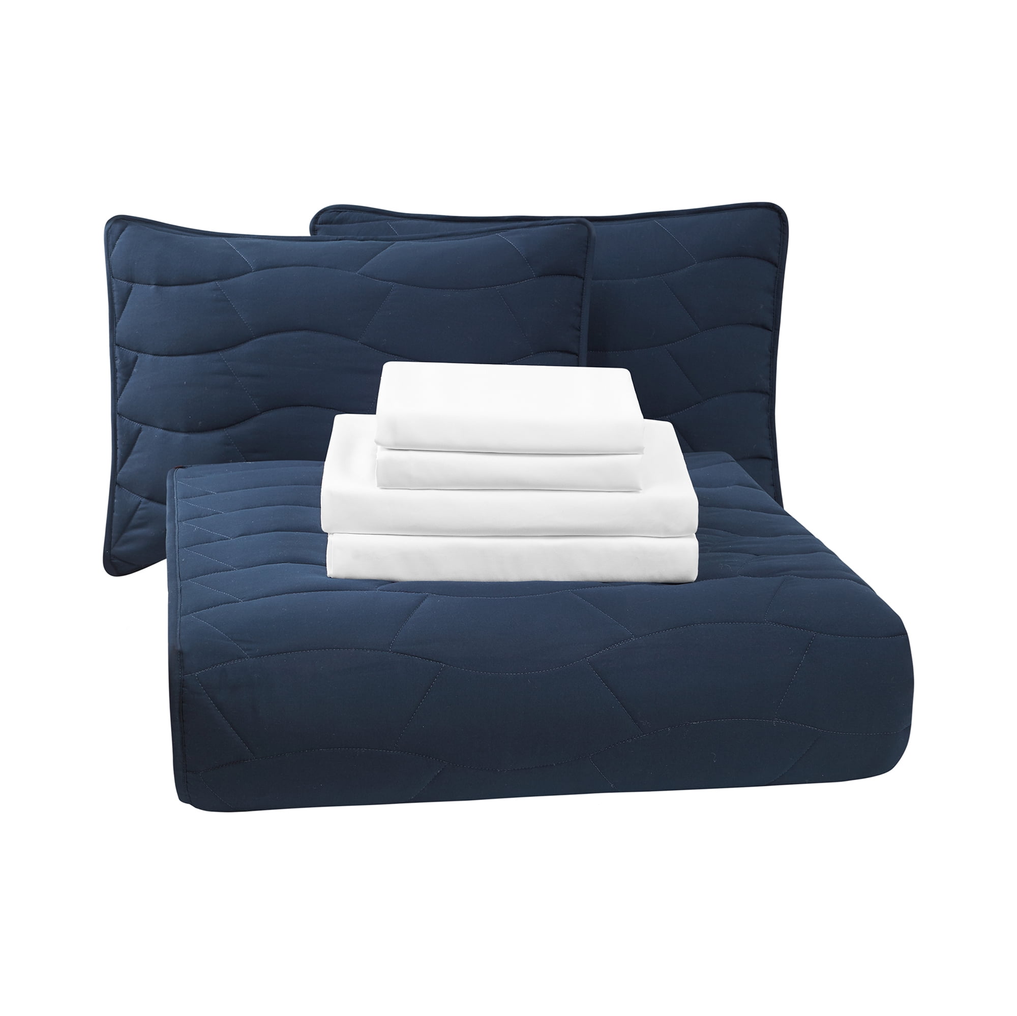 Mainstays 7-Piece Navy Reversible Quilt Set with White Sheets, King