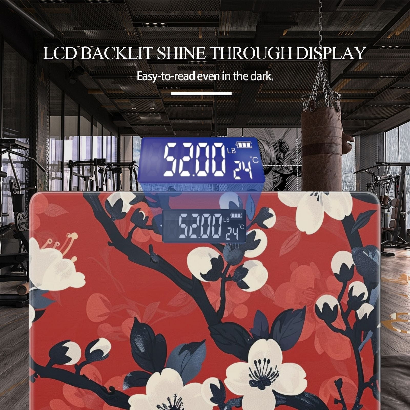 High Precision Body Weight Scale Smart Bathroom Scales with Large LCD Display(400lbs),Decorative for Bedroom-Red Background With White Blossom