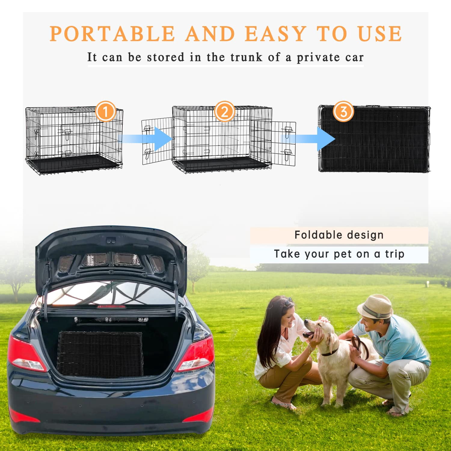 24 Inch Small Dog Crate for Puppy, Metal Wire Pet Cage Indoor Outdoor Use, Foldable Kennel with Divider Panel, Leak Proof Plastic Tray, Black