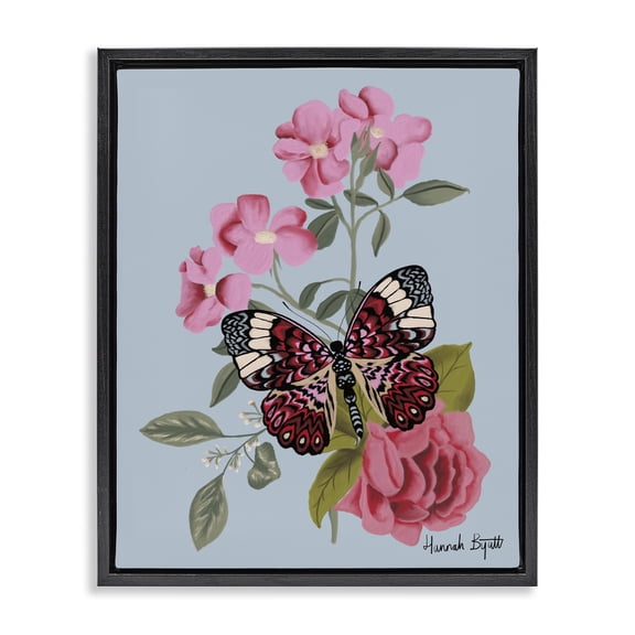 Stupell Industries French Country Pink Floral Butterfly Black Floating Frame Canvas Art, 17 x 21, by Hannah Byatt
