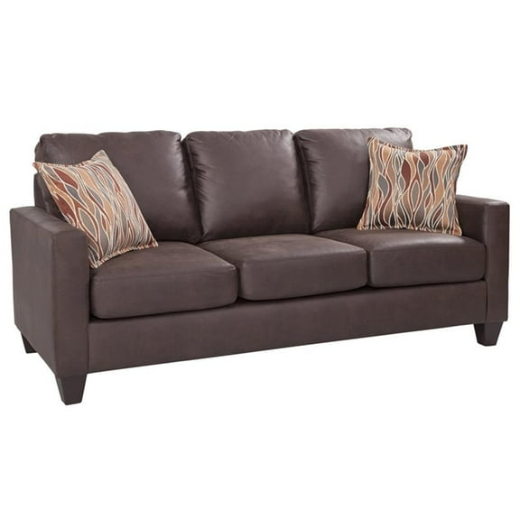 Furniture Classics Square Arm Sofa in Pinto Brown Faux Leather with Two Accent Pillows