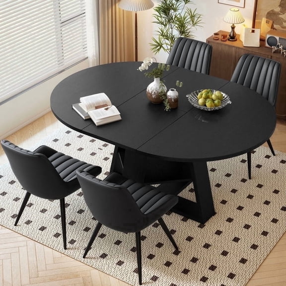 Hawsaiy Extendable Round to Oval Dining Table Set for 4–6, Space-Saving Wooden Table with Hidden Storage, Expandable Dining Table with Upholstered Chairs(Black Table 4 Black Chairs)