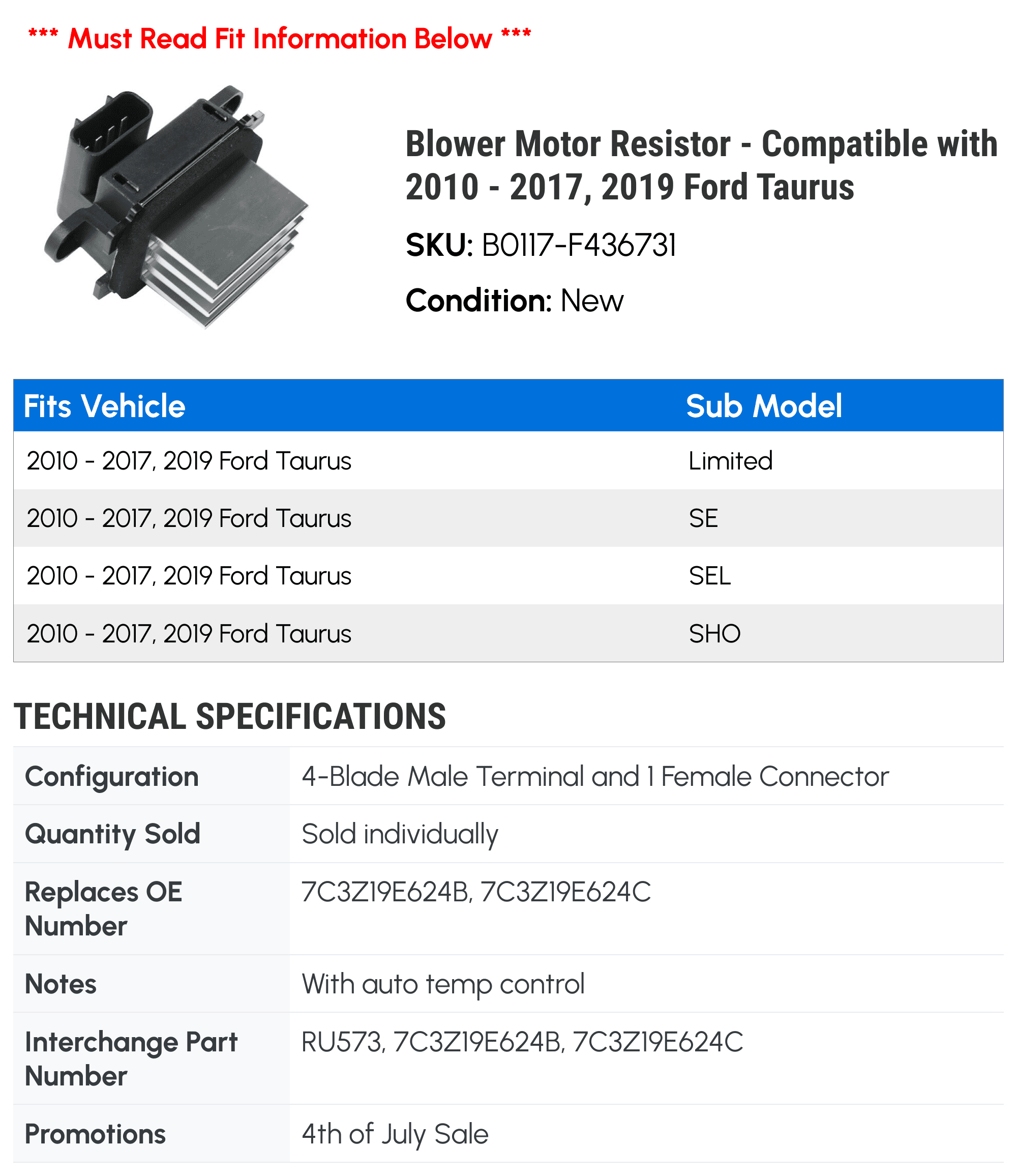 Blower Motor Resistor - Compatible with 2010 - 2017, 2019 Ford Taurus 2011 2012 2013 2014 2015 2016