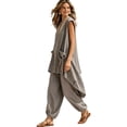 thumbnail image 4 of SOOMLON Matching Sets Women Outfits Plus Size Asymmetrical Sleeveless Shirts Loose Barrel Pants with Pockets 2 Piece Set, 4 of 6