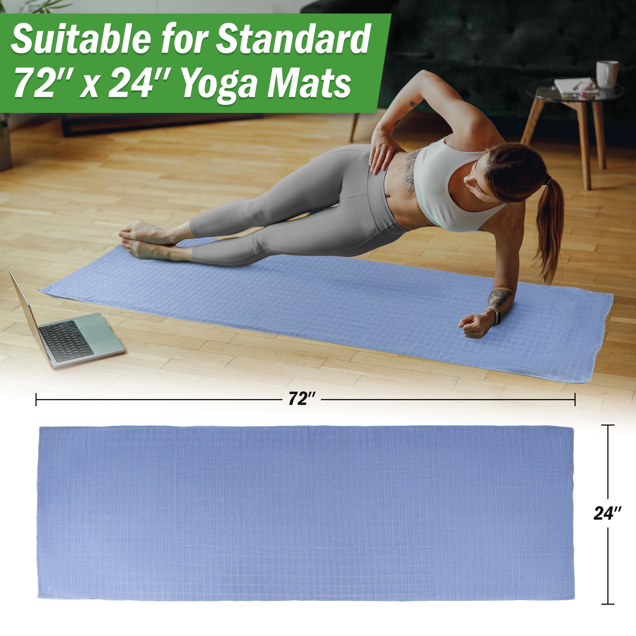 Wakeman Yoga Towel Set - 72x24 Nonslip Towel for Hot Yoga and Pilates, Blue