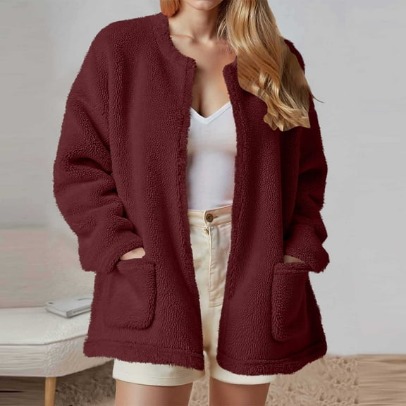 EOYWHK Winter Coats for Women with Side Pockets,Fuzzy Fleece Jacket Open Front Cardigan Loose Fit Outerwear No Hood