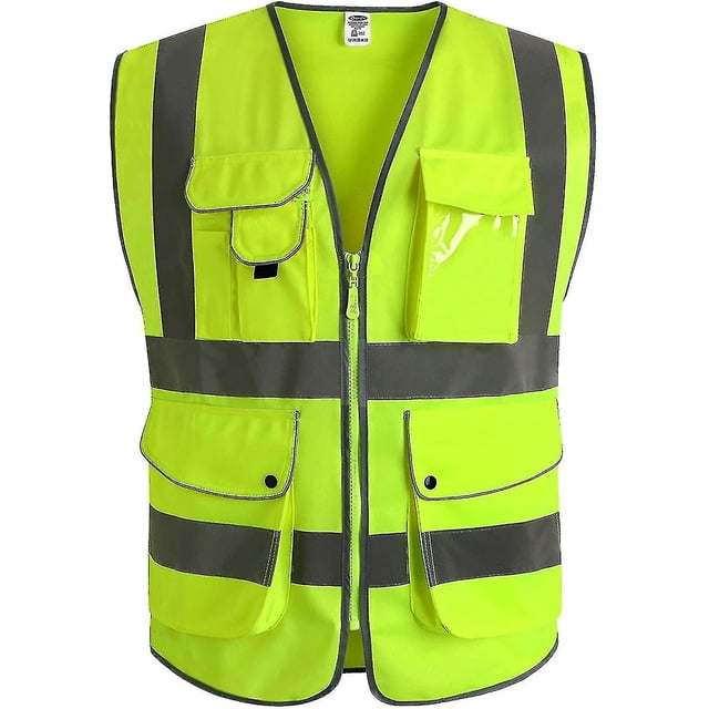 9 Pockets Class 2 High Visibility Zipper Front Safety Vest With Reflective Strips, Yellow Meets Ansi/isea Standards