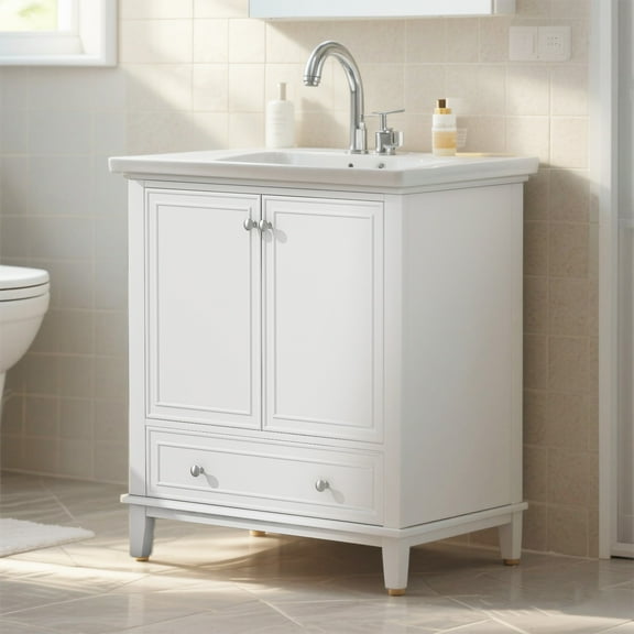 YIYADO 30-inch waterproof bathroom storage cabinet, multi-functional bathroom cabinet with two shelves, washbasin combination with doors and drawers, white