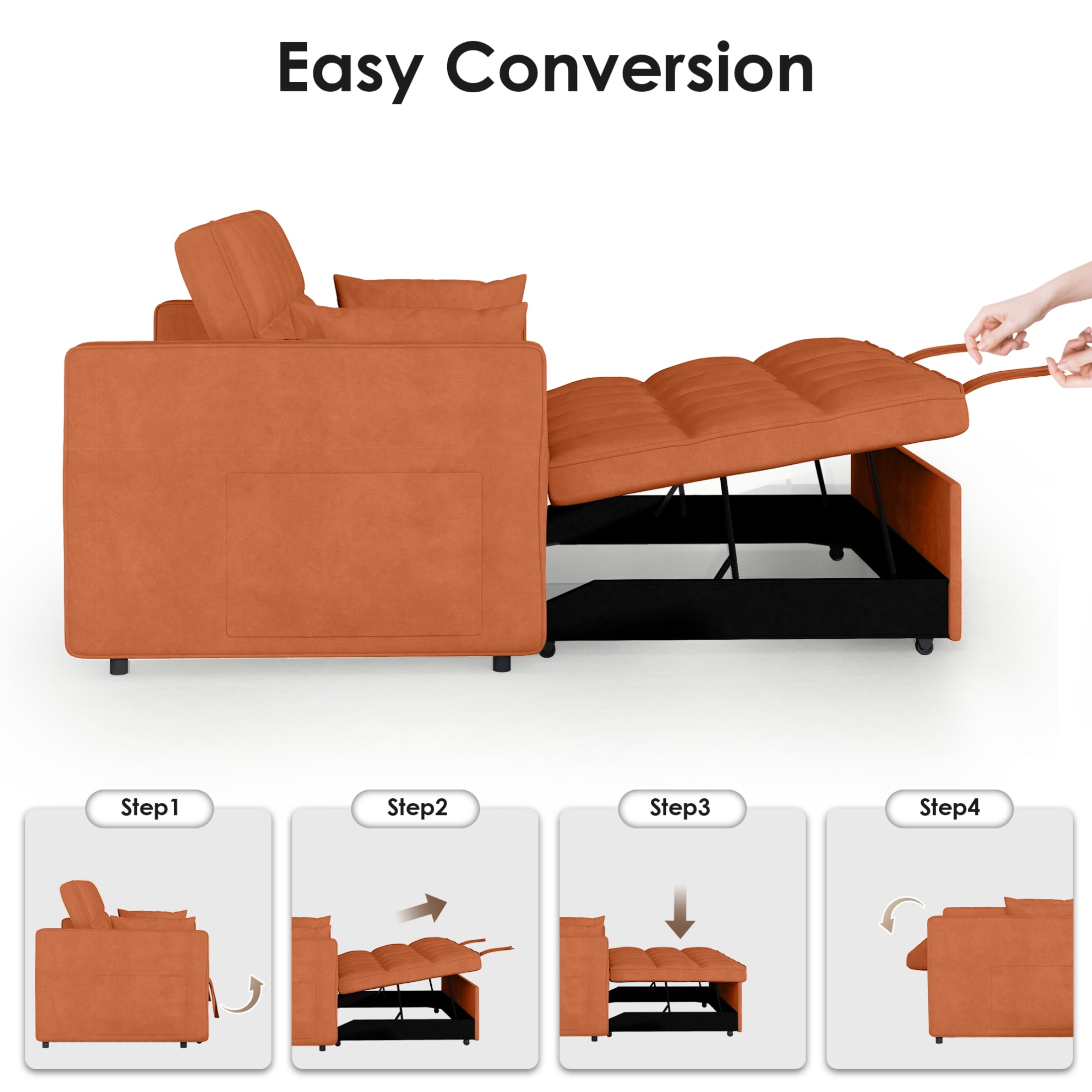 AISWORD 3 in 1 Convertible Sleeper Sofa Bed for Living Room, 55" Velvet Pull Out Couch, Space-Saving Loveseat with Adjustable Back, Side Pocket and 2 Pillows, Orange