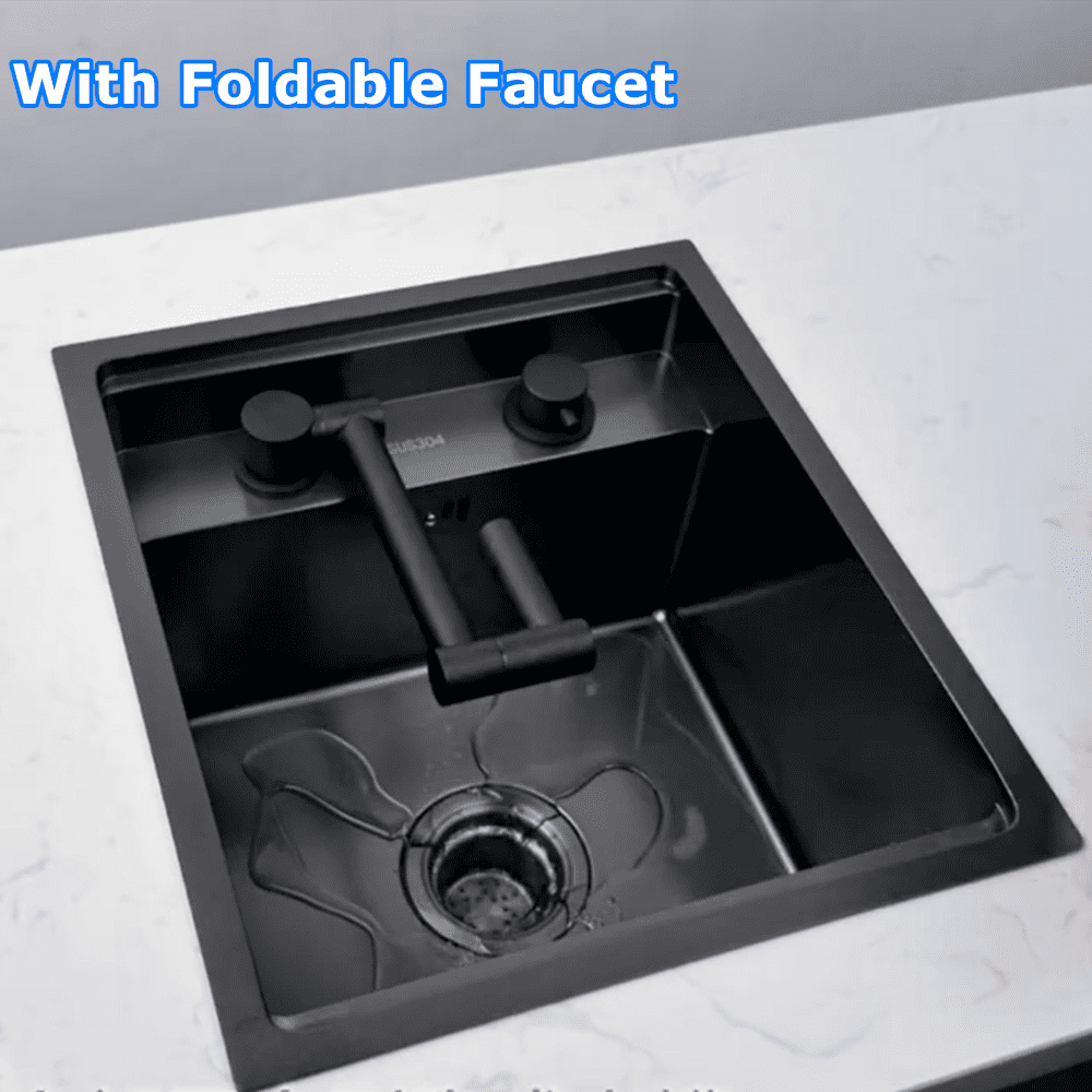Under-Mount Hidden Kitchen Sink Set, Stainless Steel 9" Deep Single Bowl Sink with Faucet & Drain Brushed Black