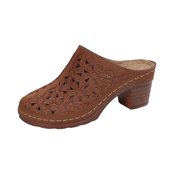 Domuza Women's Cut-Out Sandals Slip On Open Back Mule Clogs 2026 Summer New Comfortable Breathable Shoes Chunky Heel Non Slip Slippers Brown 9(EU-42)