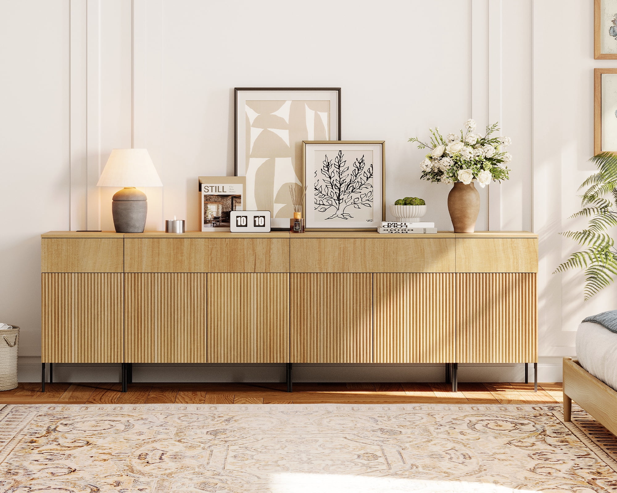 94.5" Modern Wood 4-Drawer Dresser with Reeded Design, Minimalist Dresser Organizer Storage Cabinet With Charging Station for Bedroom,Living room, Entryway