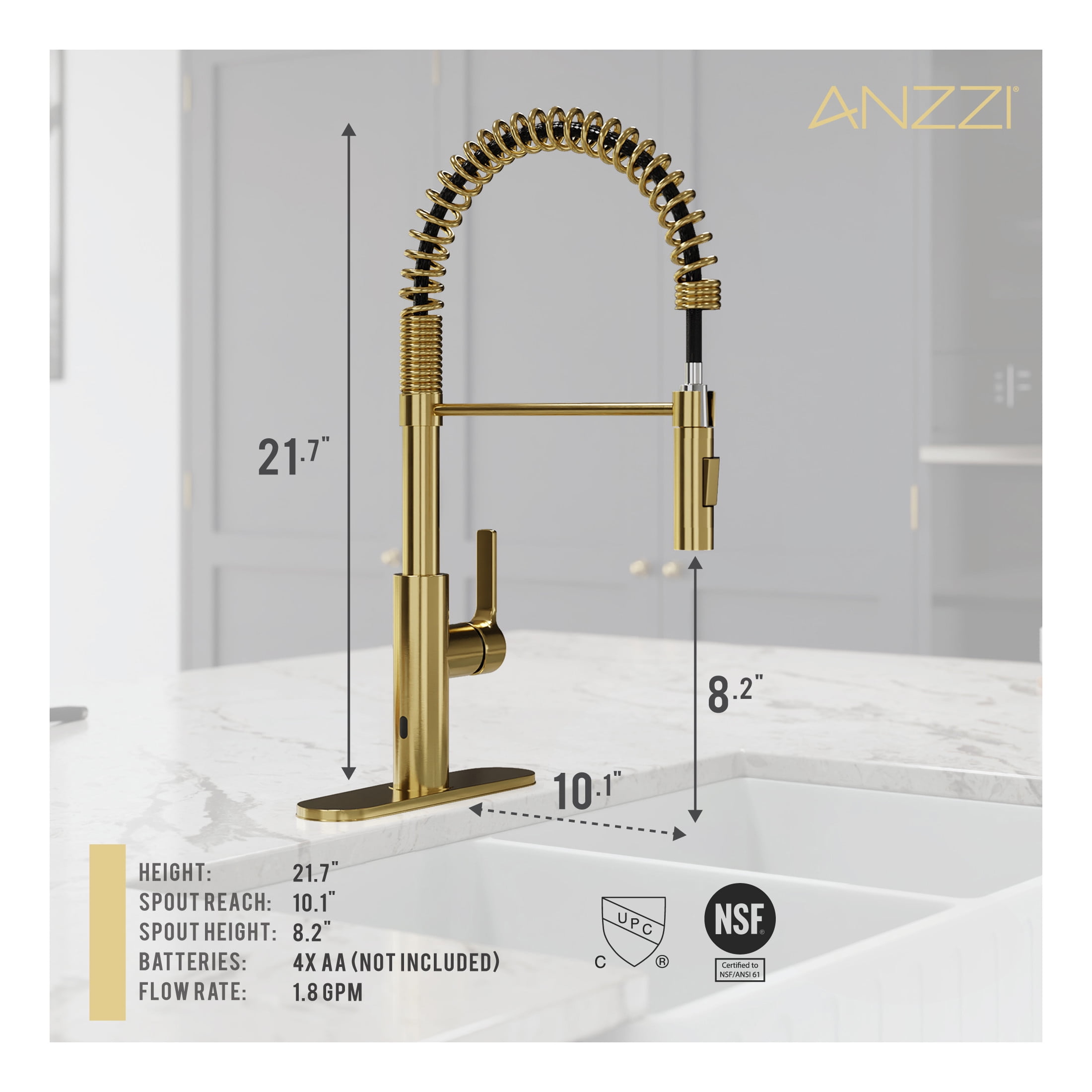 ANZZI Kitchen Faucet with Motion Sensor, Ola Hands-Free Touchless Pull-Down Sprayer in Brushed Gold