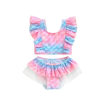 

ZIYIXIN Baby Girl Swimsuit Two-Pieces Tankini Set Printed Flutter Ruffled Sleeve Top Bikini Bottoms Swimwear Bathing Suit Rose Red 4-5 Years