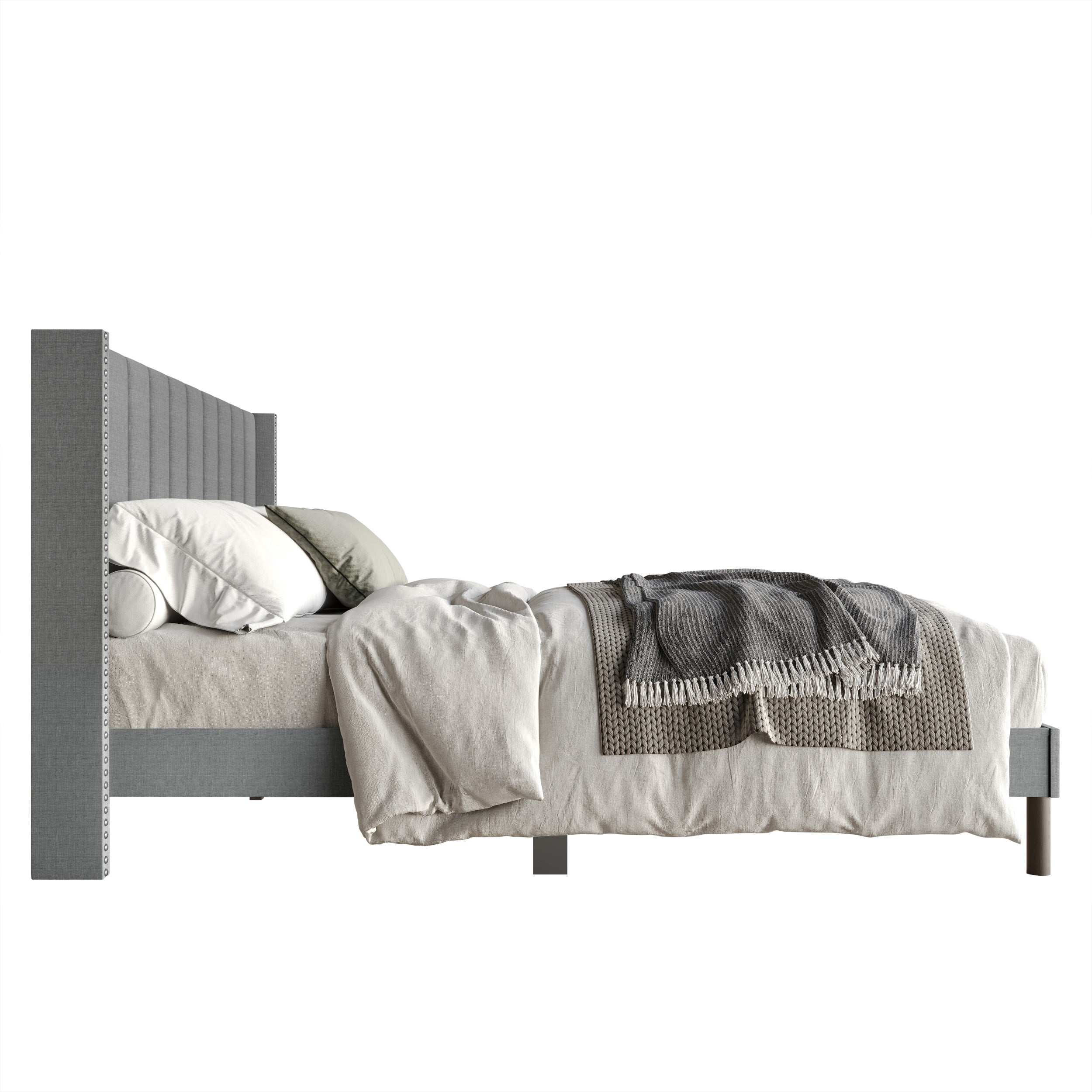 Home Design Odessa Queen Linen Upholstered Wingback Panel Bed Frame with Vertical Channel Tufting & Nailhead Trim, Gray, Easy Assembly