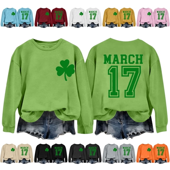 Xdegoge St. Patrick's Day Sweatshirt for Women Playful Front & Back Print Sweatshirts Casual Long Sleeve Crew Neck Auspicious Leaf Clover Shamrock Top