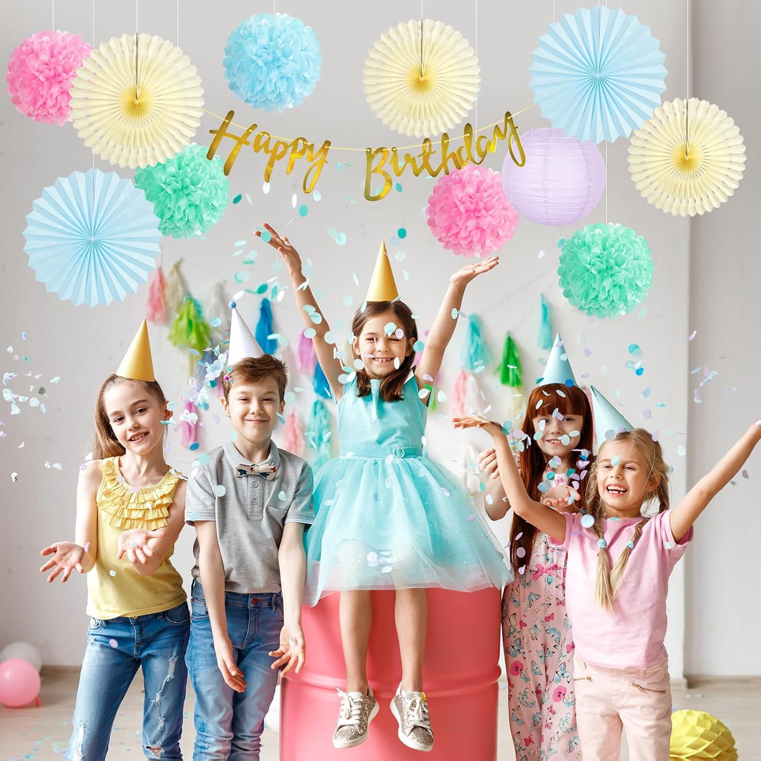 Pastel Birthday Party Decorations for Girls Women with Happy Birthday Banner Pastel Paper Fans Tissue Pom Poms Lantern Decorations Birthday Decorations Kit