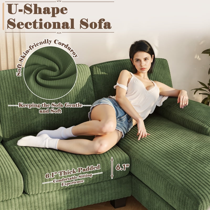 Homall U Shaped Sectional Sofa with Soft Corduroy Sofa Couch with Double Chaise for Apartments,Living Room, Corduroy Green