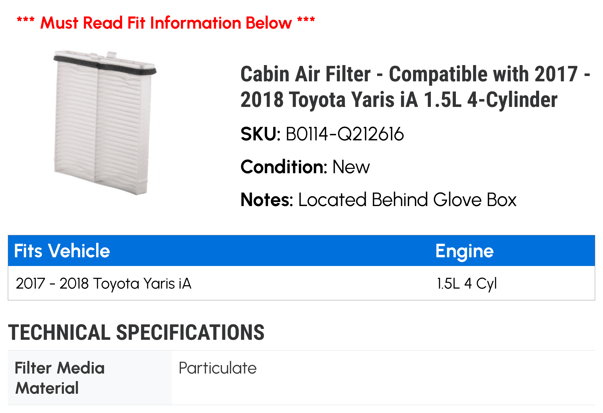 Cabin Air Filter - Compatible with 2017 - 2018 Toyota Yaris iA 1.5L 4-Cylinder