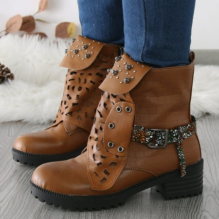 

TALKVE Womens Boots Vintage Hollow Out Carved Lace Up Side Zipper Buckle Decoration Short Booties