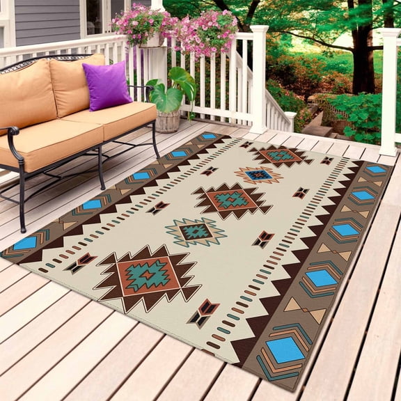 Boho Southwest Outdoor Rug for Patio/Deck/Porch, Non-Slip Large Area Rug 4 x 6 Ft, Farmhouse Aztec Tribe Brown Blue Plaid Indoor Outdoor Rugs Washable Area Rugs, Reversible Camping Rug Carpet Runner