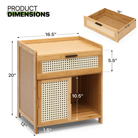 BriGen Tech Bamboo Cabinet Nightstand with Drawer, Sofa Side Table Bedside Table with Sliding Door for Bedroom Living Room
