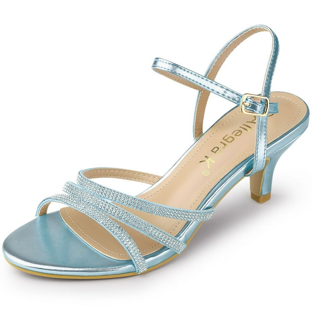 BLISSFUL STEP Sandales à Talon Chaton pour Femmes en PU avec Bride à la Cheville et Strass