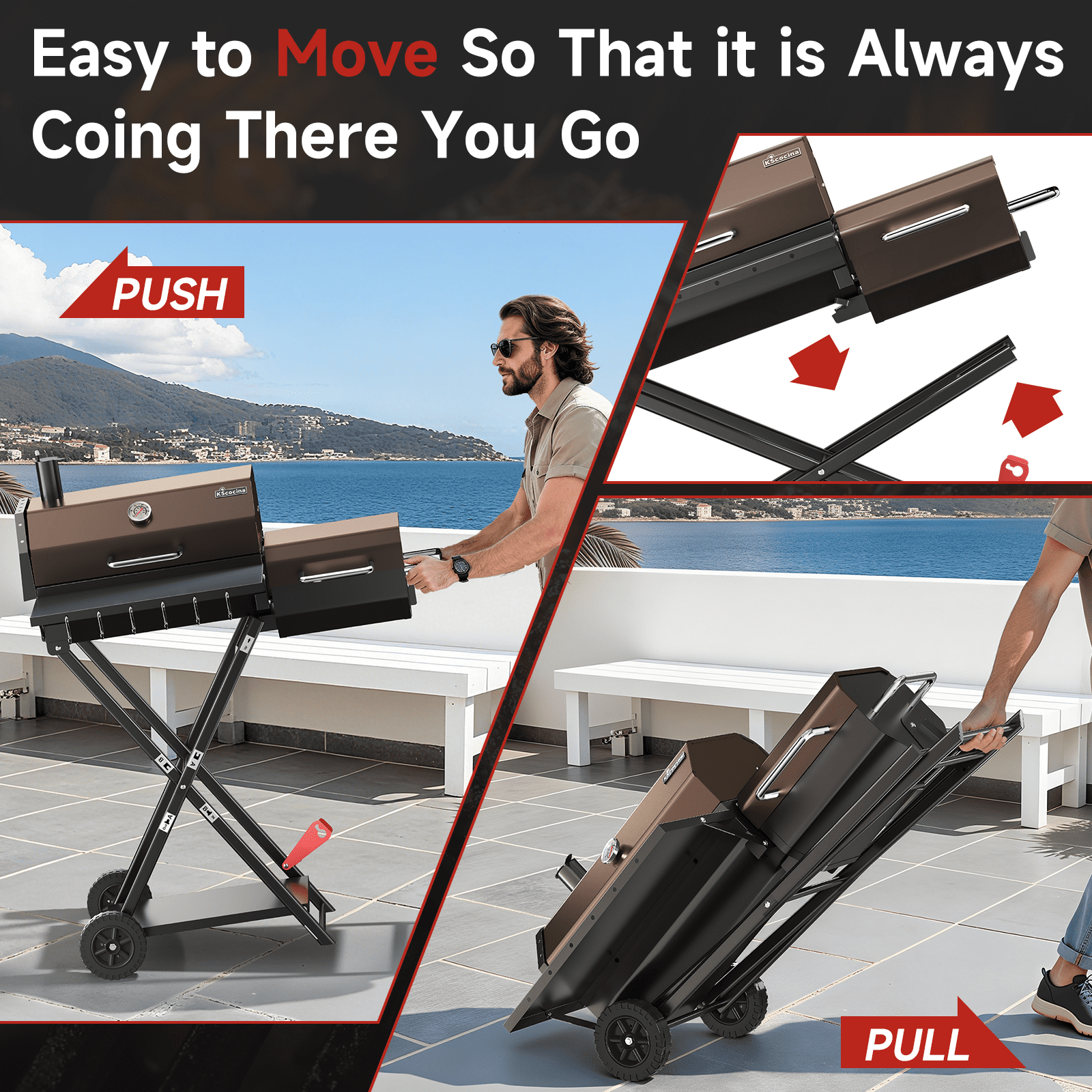 KScocina Barrel Charcoal Grill with Offset Smoker, 2-in-1 Foldable Suitcase BBQ Combo, 600 sq. in. with Waterproof Cover, for Outdoor Grilling and Backyard Cooking,Brown