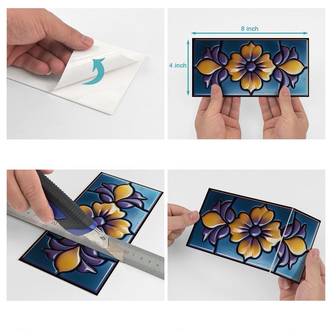 16 Pcs Foaming Board Vinyl Tiles Stickers Wall Decals 8" x 4" Purple Blue Yellow Flowers Pattern Mural Waterproof Peel and Stick Backsplash