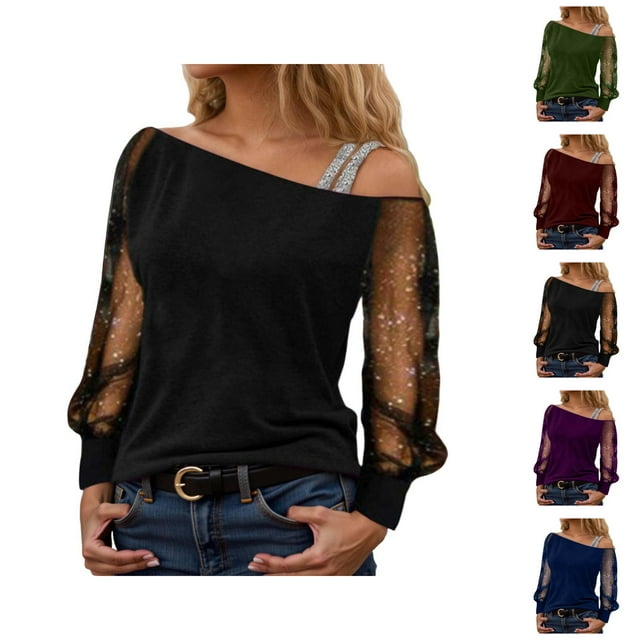 Womens Sparkle Top 2026 Spring Trendy Y2K Long Sleeve Off Shoulder Mesh T Shirts Going out Top Rave Outfits