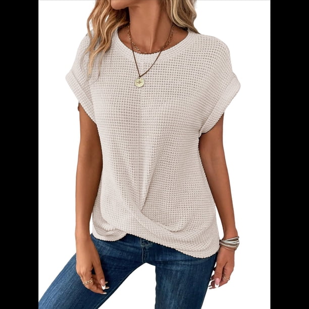 Camisetas para Mujer, Camisetas Informales con Mangas Murciélago Lisas y Dobladillo Cruzado, Camisetas Ajustadas A Lechoso XL