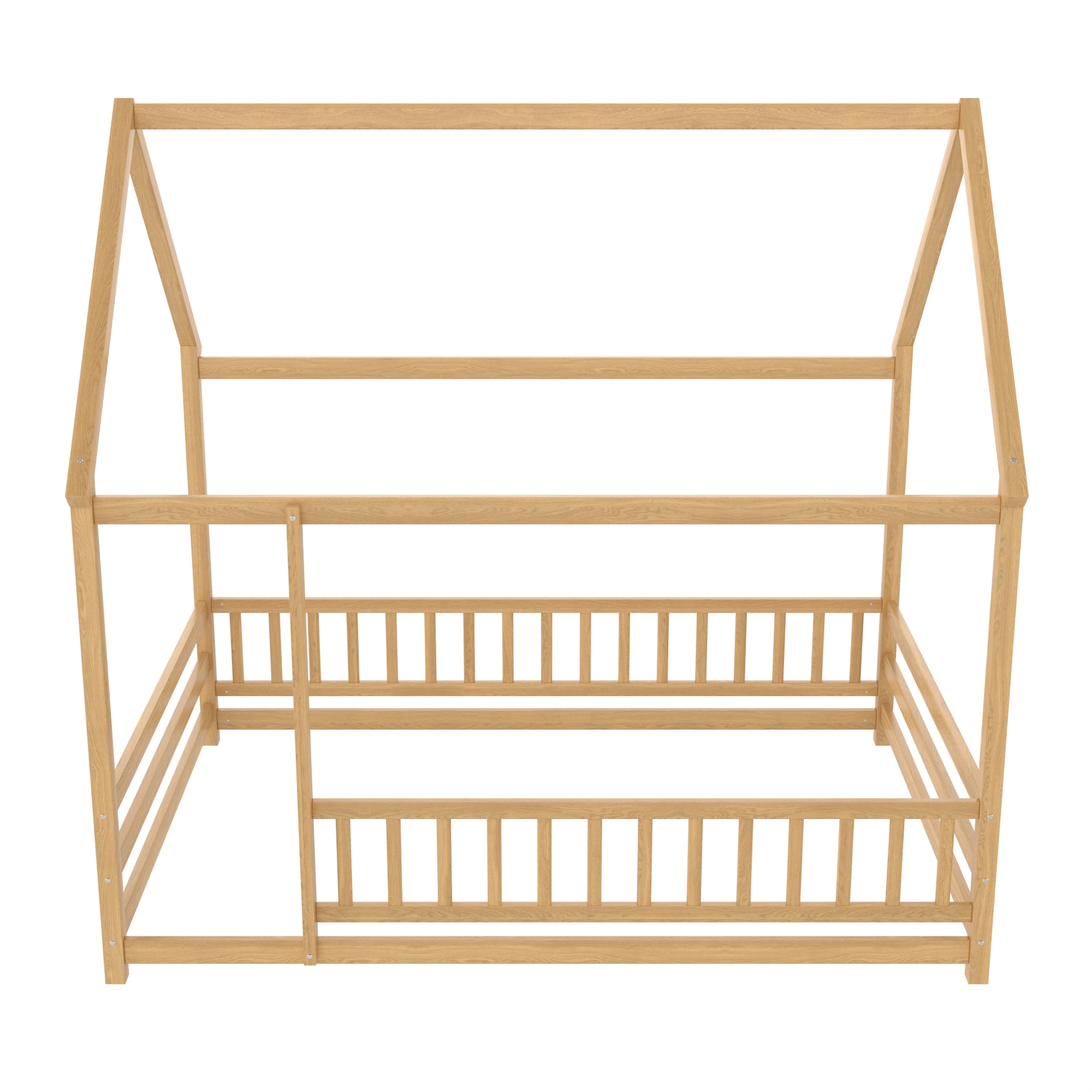 Leumius Full Size Floor Bed with House Roof Frame, Fence Guardrails Montessori Floor Bed for Boys Girls Natural
