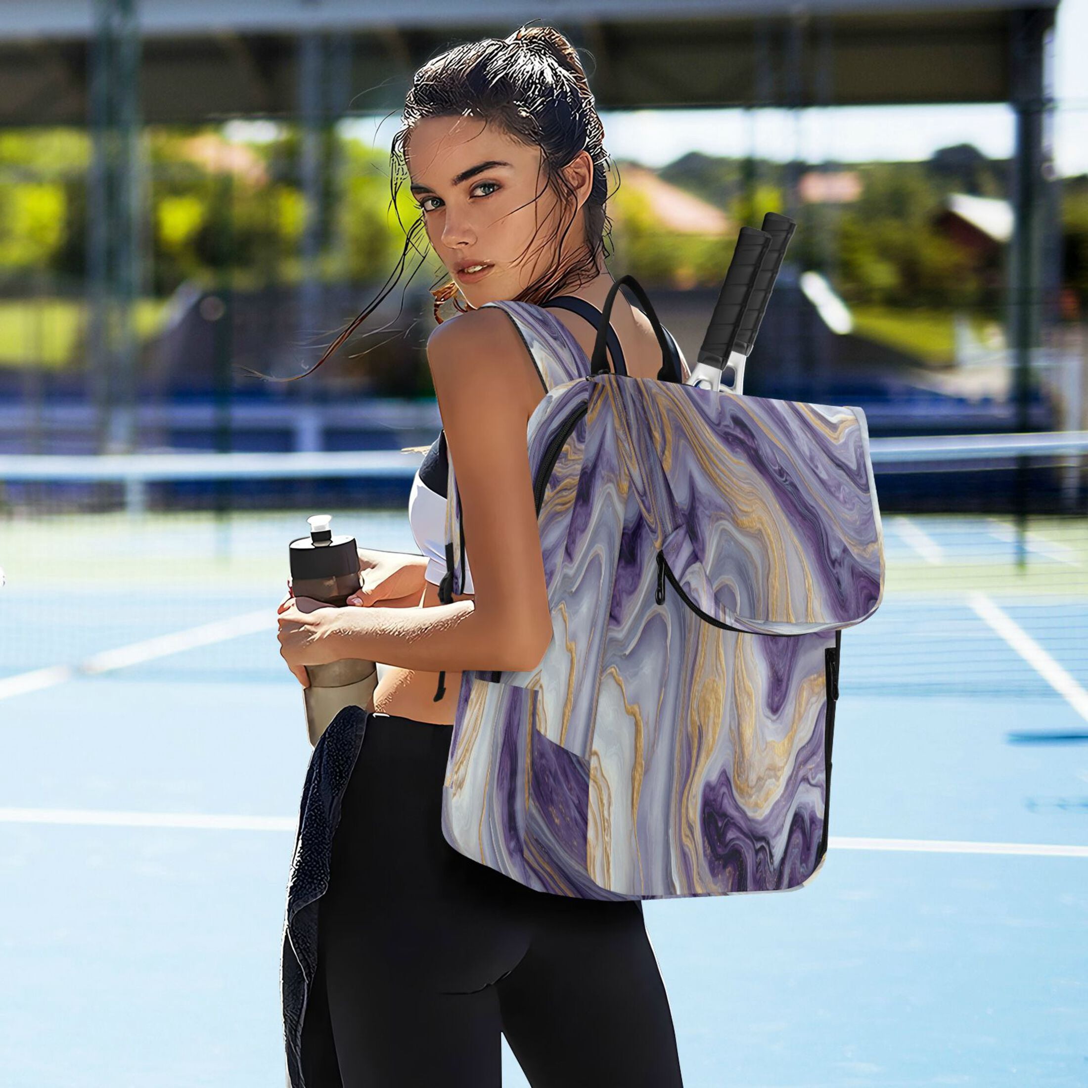 2 Racquet Holder Tennis Backpack Tennis Racket Covers Gym Bags Purple Marble Pattern