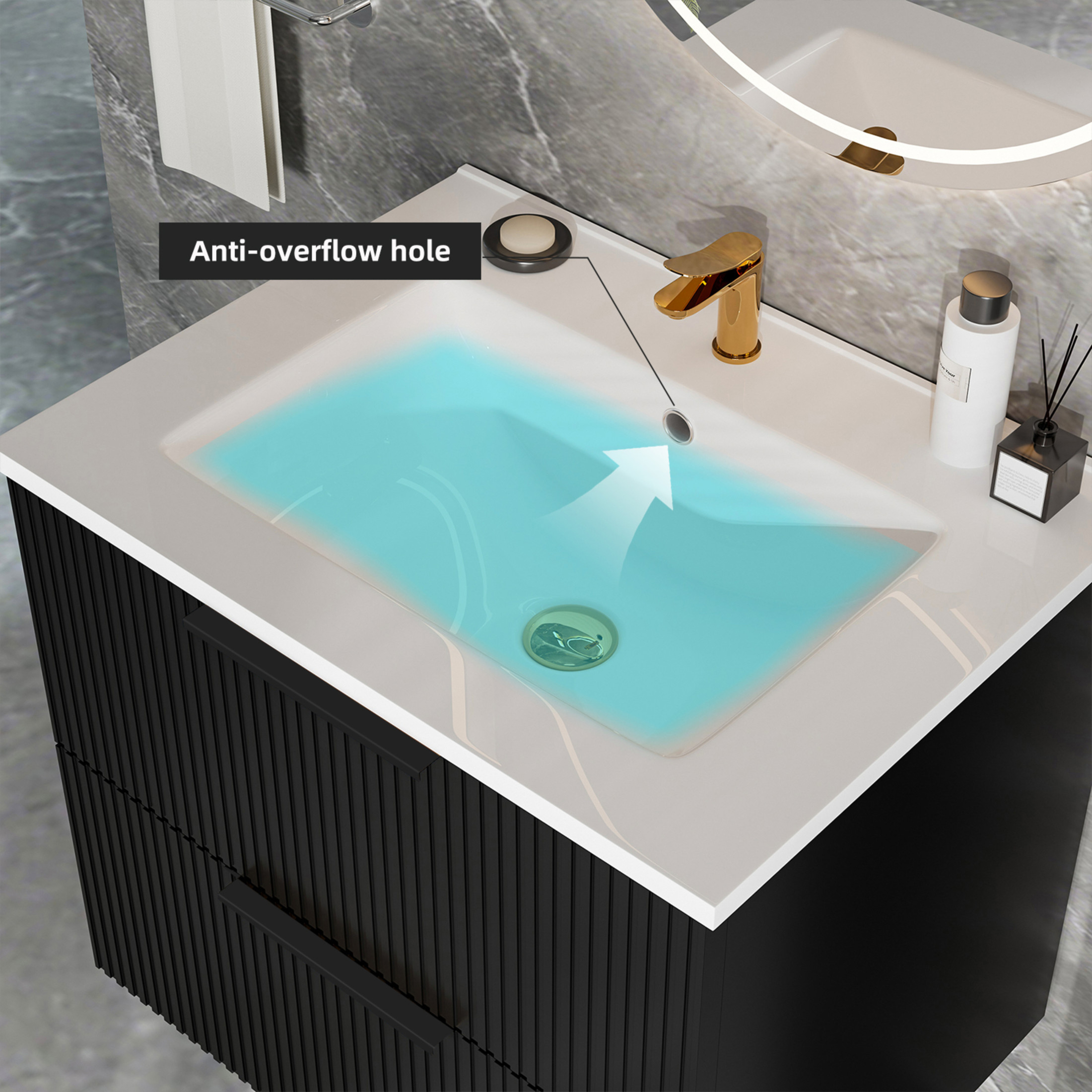 Noble House 24" Wall Mounted Floating Bathroom Vanity with Sink, 2 Drawers, Modern Cabinet, Matte Black