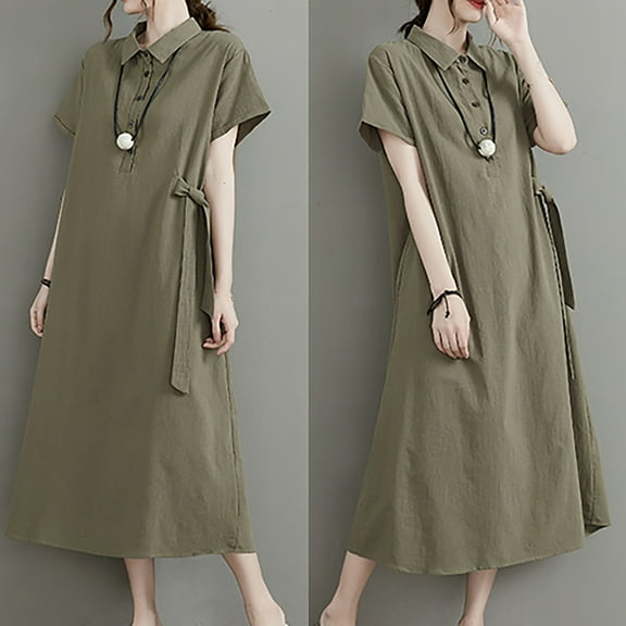 Wowcloth Womens Casual Summer Cotton Linen Dresses Midi Flowy Beach Dress Short Sleeve Ruffled Shift Dress Loose Sundress