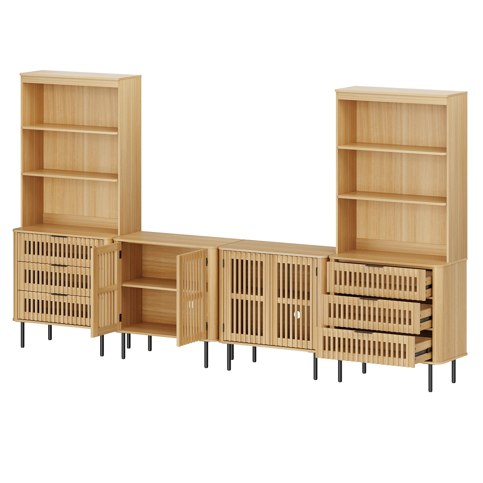 WAMPAT 72.8" Tall Bookshelf with Doors and Drawers, Modern Bookcase with Storage, Adjustable Shelves, Wood Storage Cabinet, Oak