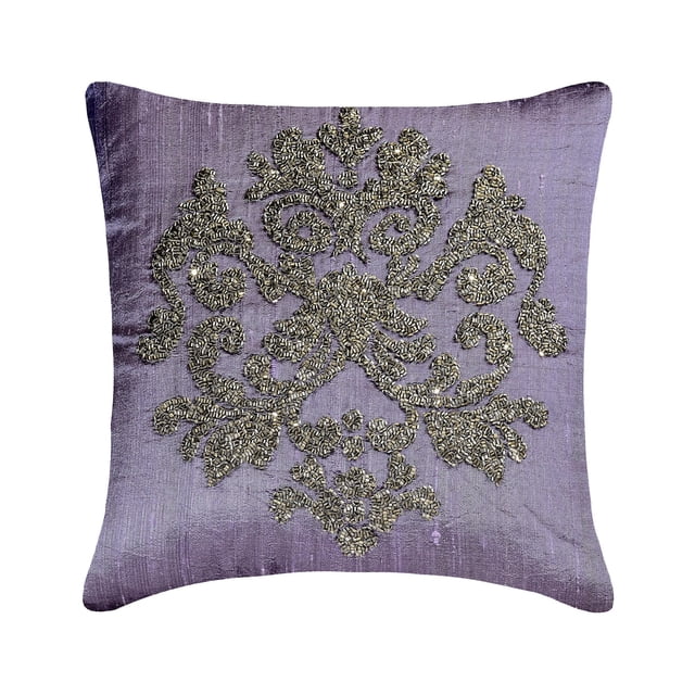 Pillow Case With Zipper, Purple 12"x12" (30x30 cm) Pillow Covers, Silk Beaded & Damask Throw Pillows For Sofa, Abstract Pattern Contemporary Style - Damask Silk Purple