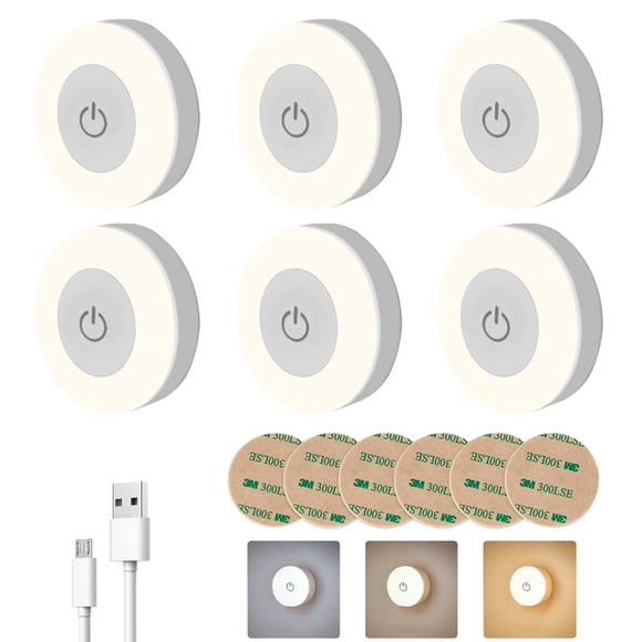 AzzmaAii Luces LED Táctil Redonda Automático 6PCS Luz Nocturna Mini Lámpara Iluminación Segura Noche USB Recargable Luz Armario Luce Blanco Inalá