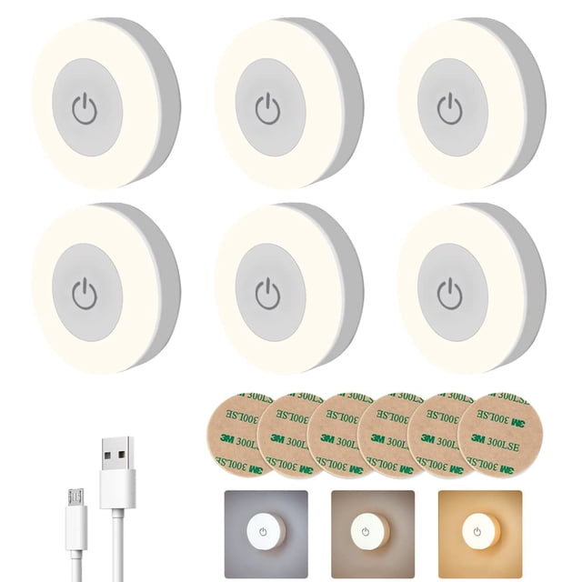 AzzmaAii Luces LED Táctil Redonda Automático 6PCS Luz Nocturna Mini Lámpara Iluminación Segura Noche USB Recargable Luz Armario Luce Blanco Inalá