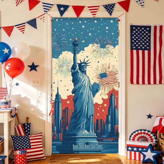 erdimoy Statue of Liberty 4th of July Patriotic Door Cover Banner, 35×70 Inch Independence Day Backdrop Decor